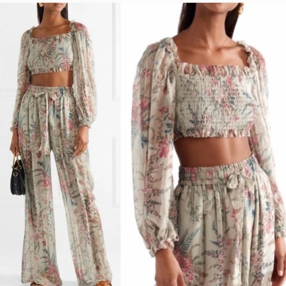 Zimmermann Bayou Shirred Bodice Floral Print Silk Crepon Crop Top SIZE 0